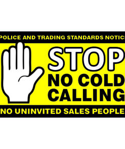 stop no cold calling sign, 120mm x 75mm self adhesive vinyl, black & white text on yellow background with image