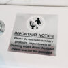 Please do not flush sanitary products, paper towels or cleaning wipes down the toilet  - Silver effect self adhesive sign