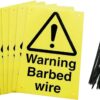 warning barbed wire corex fence signs. Pack of six with 24 cable ties. yellow background with black text and symbol