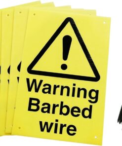 warning barbed wire corex fence signs. Pack of six with 24 cable ties. yellow background with black text and symbol