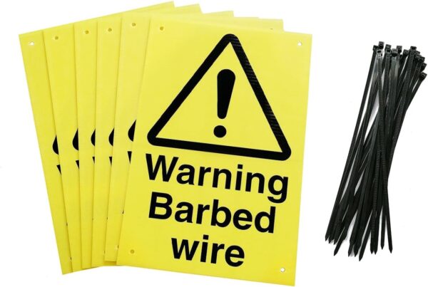 warning barbed wire corex fence signs. Pack of six with 24 cable ties. yellow background with black text and symbol