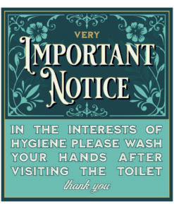 please wash your hands after visiting the toilet sign. Blue backgound, white text. 80mm x 90mm