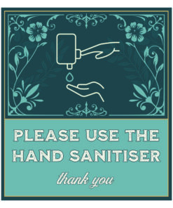 please use the hand sanitiser sign. vintage design blue background with white text and symbol. 80mm x 90mm