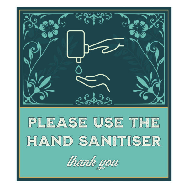 please use the hand sanitiser sign. vintage design blue background with white text and symbol. 80mm x 90mm