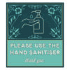 please use the hand sanitiser self adhesive sign. vintage floral design blue background, white text with symbol. 80mm x 90mm