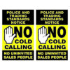 no cold calling signs. pack of 2 black and yellow with hand symbol. 80mm x 100mm