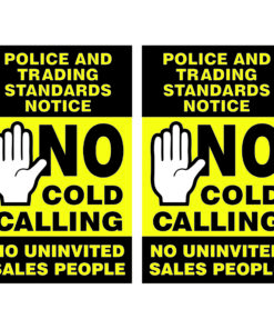 no cold calling signs. pack of 2 black and yellow with hand symbol. 80mm x 100mm