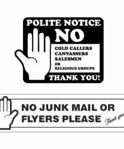 Polite Notice No Cold Callers, No Junk Mail - Self Adhesive Signs - Pack of 2 (1 of each sign)