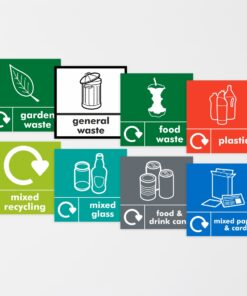 mixed various recycling self adhesive stickers, 120mm x 120mm. garden, general, food, plastics, mixed, glass, cans and paper & card