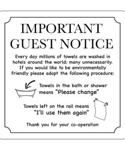 towel procedure important guest notice sign, 100mm x 100mm self adhesive vinyl, black text, white background with images