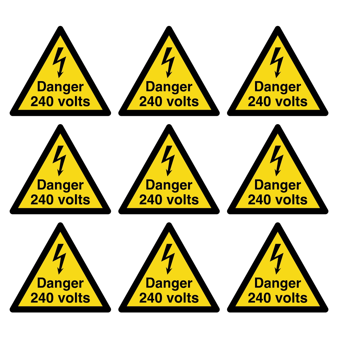 Danger 240 Volts - Warning Triangle Symbols (Pack of 9) - Self adhesive
