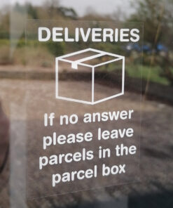 Deliveries if no answer please leave parcels in the parcel box - Reverse printed self adhesive label