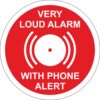 very loud alarm with phone alert security sign, 100mm diameter circle, self adhesive. red background with white text and symbol