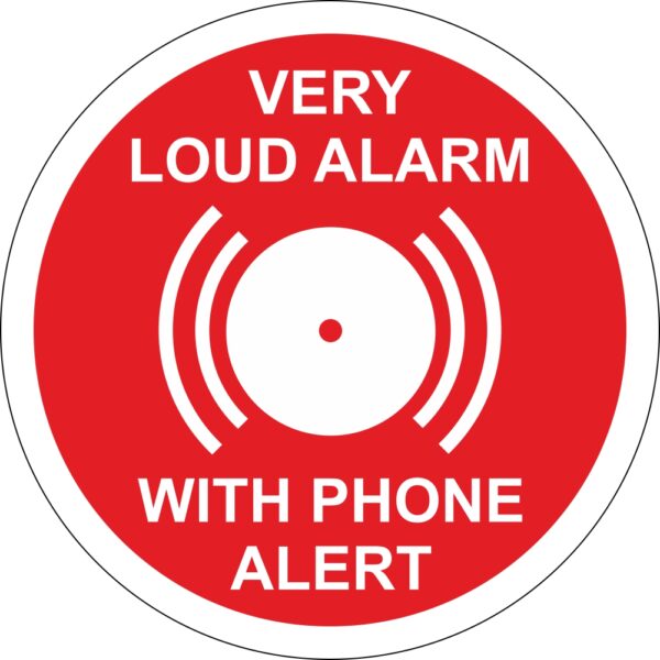 very loud alarm with phone alert security sign, 100mm diameter circle, self adhesive. red background with white text and symbol