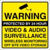 warning protected by 24 hour video and audio surveillance sign. 100mm x 100mm self adhesive. yellow background with black text and security camera symbol