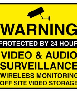 warning protected by 24 hour video and audio surveillance sign. 100mm x 100mm self adhesive. yellow background with black text and security camera symbol