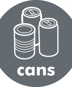 cans recycling sign, 100mm diameter, self adhesive. grey background with white text and image