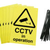 CCTV in operation signs pre-drilled holes with 24 cable ties. yellow background with black text and symbol