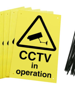 CCTV in operation signs pre-drilled holes with 24 cable ties. yellow background with black text and symbol