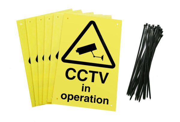 CCTV in operation signs pre-drilled holes with 24 cable ties. yellow background with black text and symbol