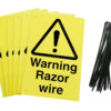 Warning razor wire signs pre-drilled holes with 24 cable ties. yellow background with black text and symbol
