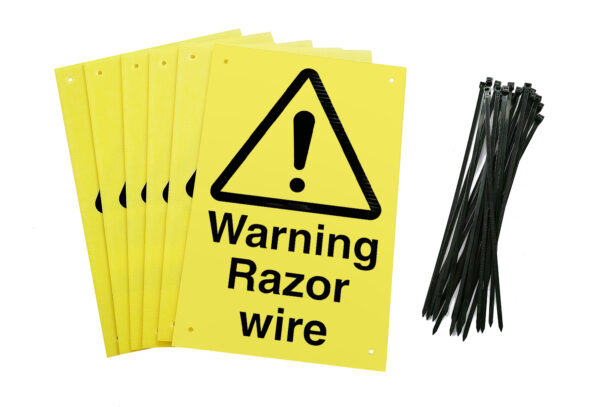 Warning razor wire signs pre-drilled holes with 24 cable ties. yellow background with black text and symbol