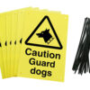 Caution guard dogs signs pre-drilled holes with 24 cable ties. yellow background with black text and symbol
