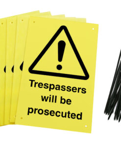 trespassers will be prosecuted signs pre-drilled holes with 24 cable ties. yellow background with black text and symbol