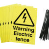 Warning electric fence signs pre-drilled holes with 24 cable ties. yellow background with black text and symbol