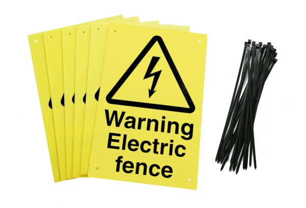 Warning electric fence signs pre-drilled holes with 24 cable ties. yellow background with black text and symbol