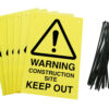 Warning construction site keep out fence signs pre-drilled holes with 24 cable ties. yellow background with black text and symbol