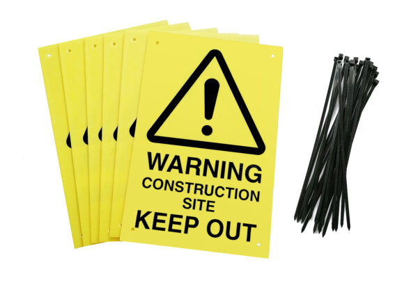 Warning construction site keep out fence signs pre-drilled holes with 24 cable ties. yellow background with black text and symbol