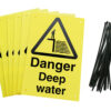 Danger deep water fence signs pre-drilled holes with 24 cable ties. yellow background with black text and symbol