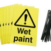Wet paint signs pre-drilled holes with 24 cable ties. yellow background with black text and symbol