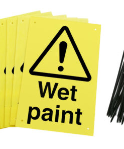 Wet paint signs pre-drilled holes with 24 cable ties. yellow background with black text and symbol