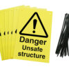 danger unsafe structure signs pre-drilled holes with 24 cable ties. yellow background with black text and symbol
