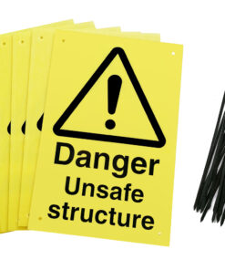 danger unsafe structure signs pre-drilled holes with 24 cable ties. yellow background with black text and symbol