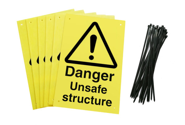 danger unsafe structure signs pre-drilled holes with 24 cable ties. yellow background with black text and symbol