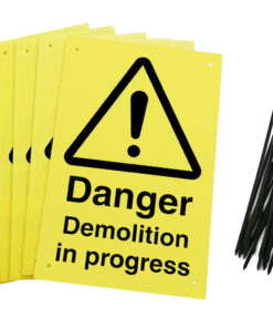 Danger demolition in progress - pack of 6 corex fence signs with pre-drilled holes and 24 cable ties. yellow background with black text and symbol