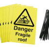 Danger fragile roof fence signs, pack of 6 with 24 cable ties. yellow corex with black text and symbol