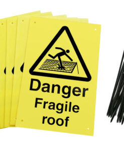 Danger fragile roof fence signs, pack of 6 with 24 cable ties. yellow corex with black text and symbol