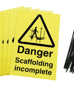 Danger scaffolding incomplete fence signs - pack of 6 with 24 cable ties. yellow background with black text and symbol