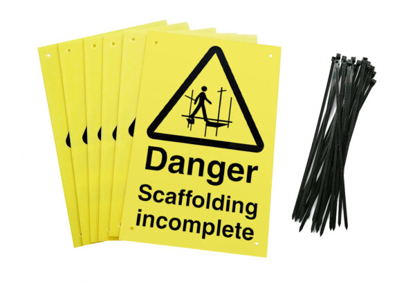 Danger scaffolding incomplete fence signs - pack of 6 with 24 cable ties. yellow background with black text and symbol