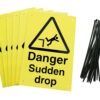 Danger Sudden Drop Signs pre-drilled holes with 24 cable ties. yellow background with black text and symbol