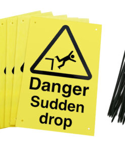 Danger Sudden Drop Signs pre-drilled holes with 24 cable ties. yellow background with black text and symbol