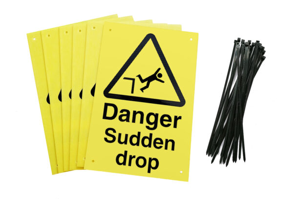 Danger Sudden Drop Signs pre-drilled holes with 24 cable ties. yellow background with black text and symbol