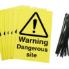 Warning dangerous site Signs pre-drilled holes with 24 cable ties. yellow background with black text and symbol