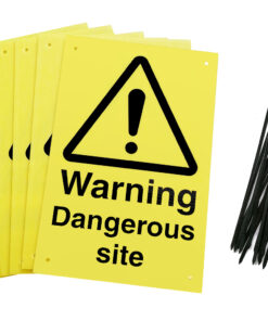 Warning dangerous site Signs pre-drilled holes with 24 cable ties. yellow background with black text and symbol