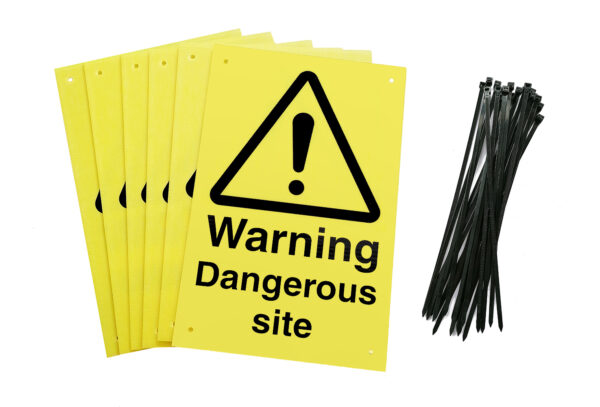 Warning dangerous site Signs pre-drilled holes with 24 cable ties. yellow background with black text and symbol