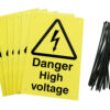 Danger high voltage Signs pre-drilled holes with 24 cable ties. yellow background with black text and symbol